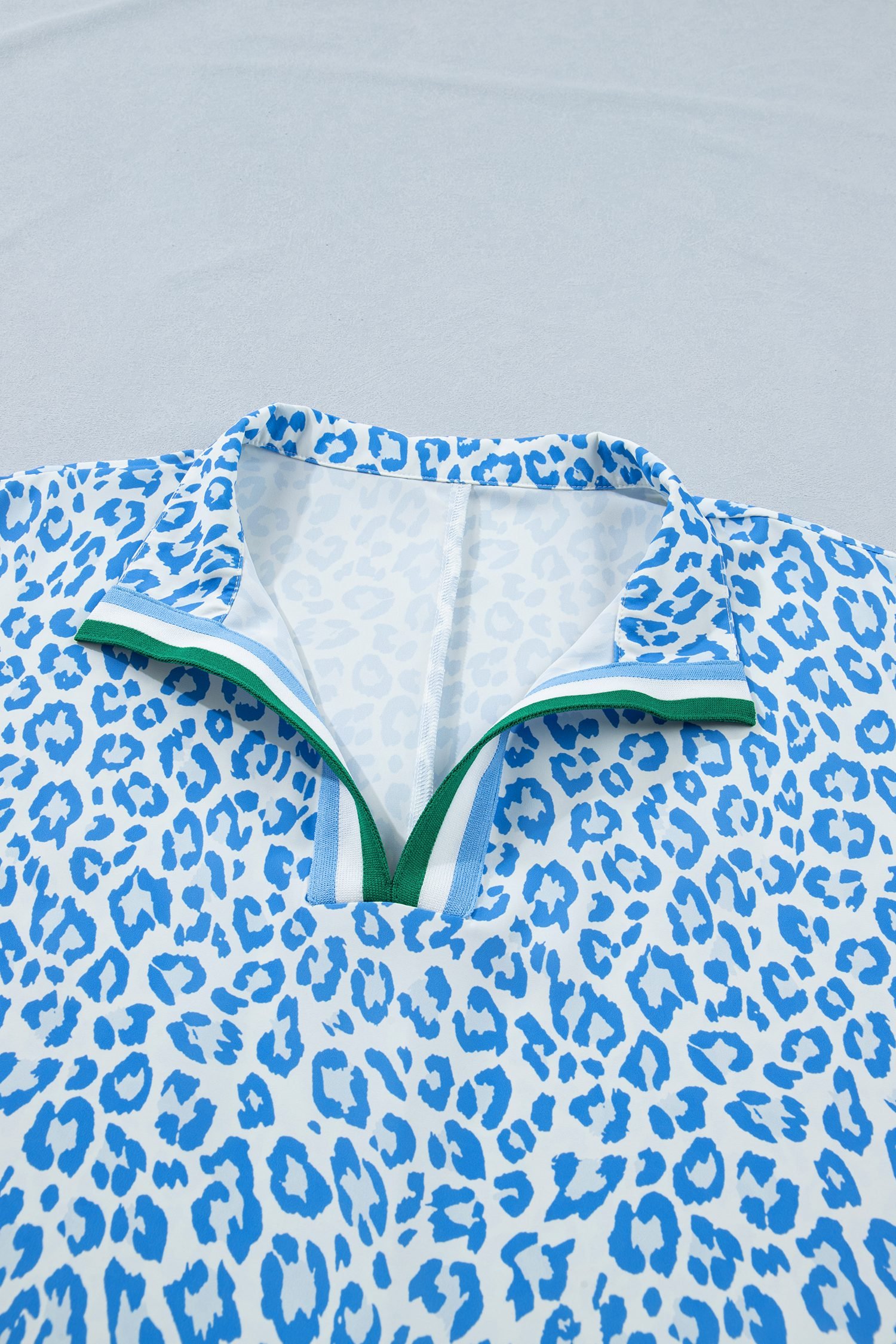 Sky Blue Striped V Neckline Half Sleeve Plus Size Leopard Blouse