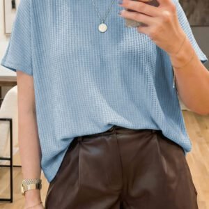 Beau Blue Waffle Textured Knit Dolman Short Sleeve Loose Top