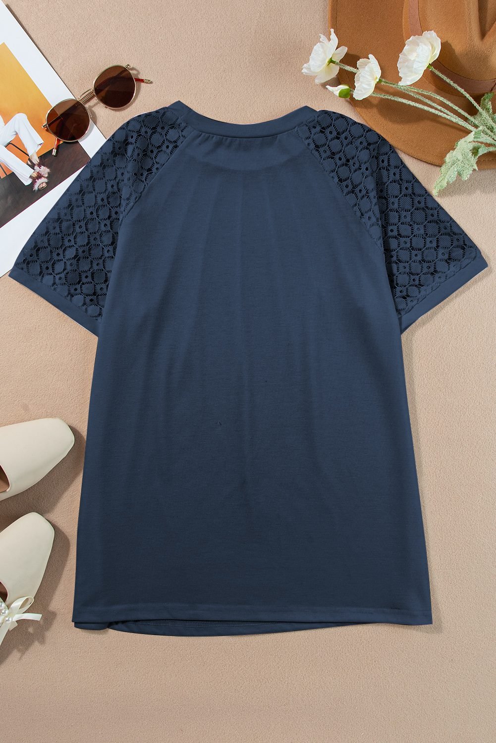 Navy Blue Seamed Detail Contrast Lace Raglan Sleeve Tee