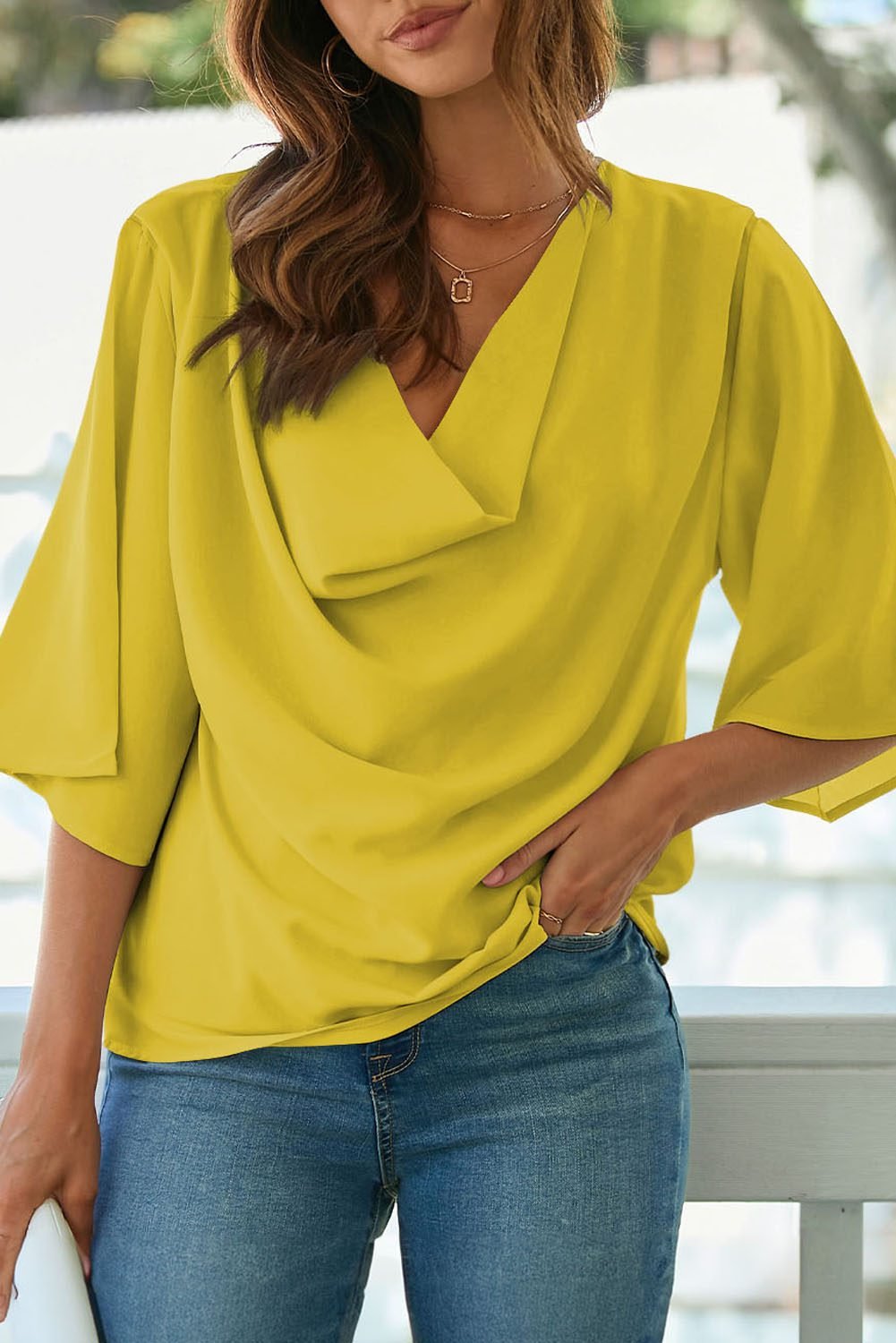 Golden Glow Women's Casual Summer Sleeve Wrap V Neck Draped Blouses