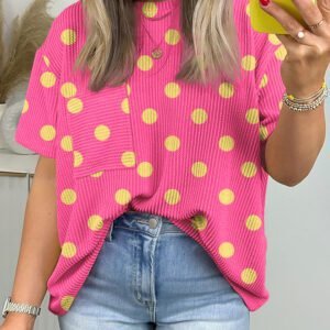 Pink Polka Dot Round Neck Drop Shoulder Patch Pocket Jacquard Texture Top