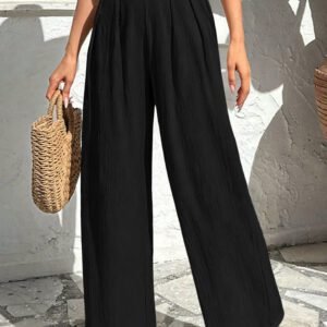 Color black Solid Color Textured Crossed Waist Loose Pants