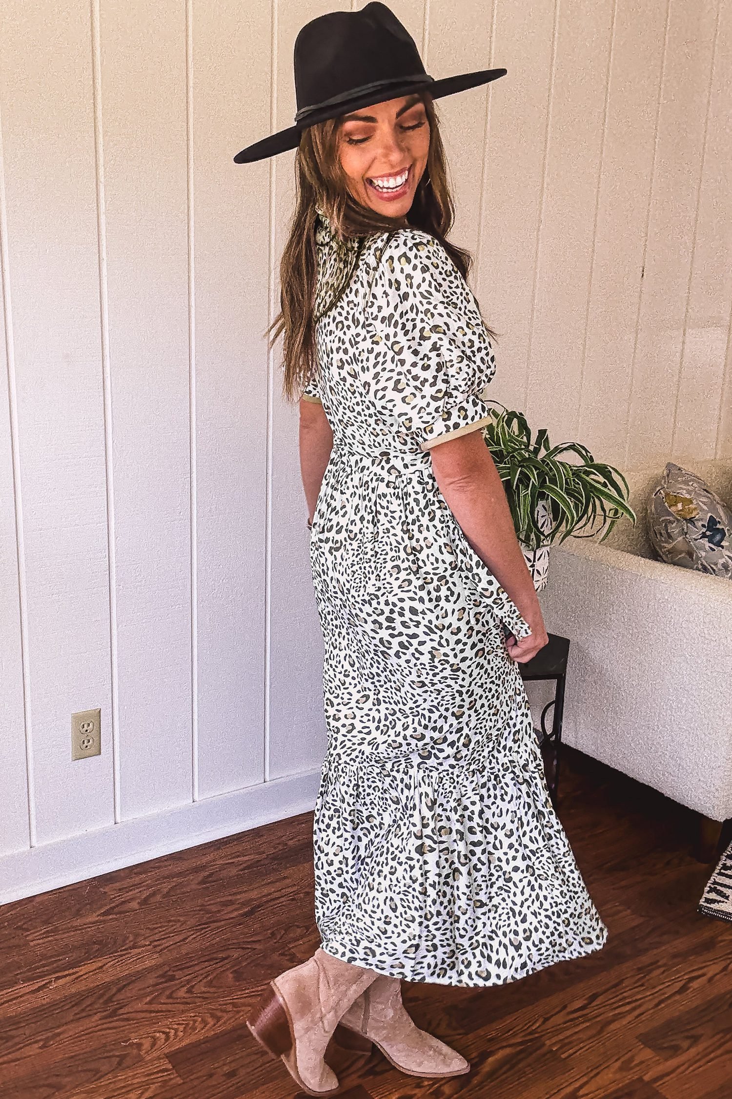 White Leopard Contrast Trim Button Front Short Puff Sleeve Long Dress