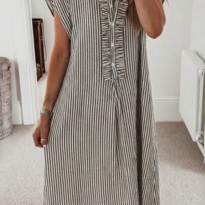 Black Stripe Frilled Detail Half Buttons Short Sleeve Long Dress