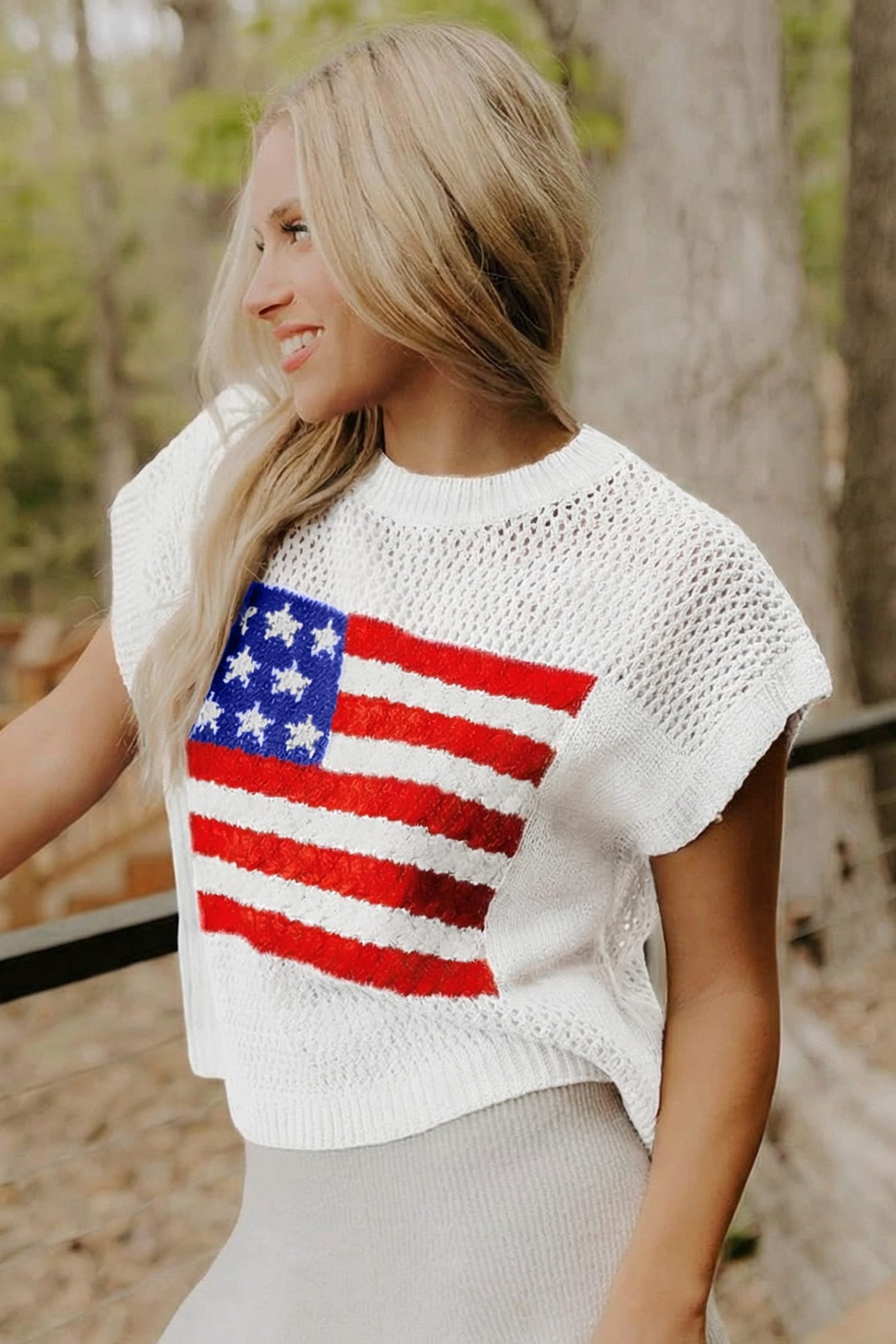 White Flag Graphic Short Sleeve Sweater Top