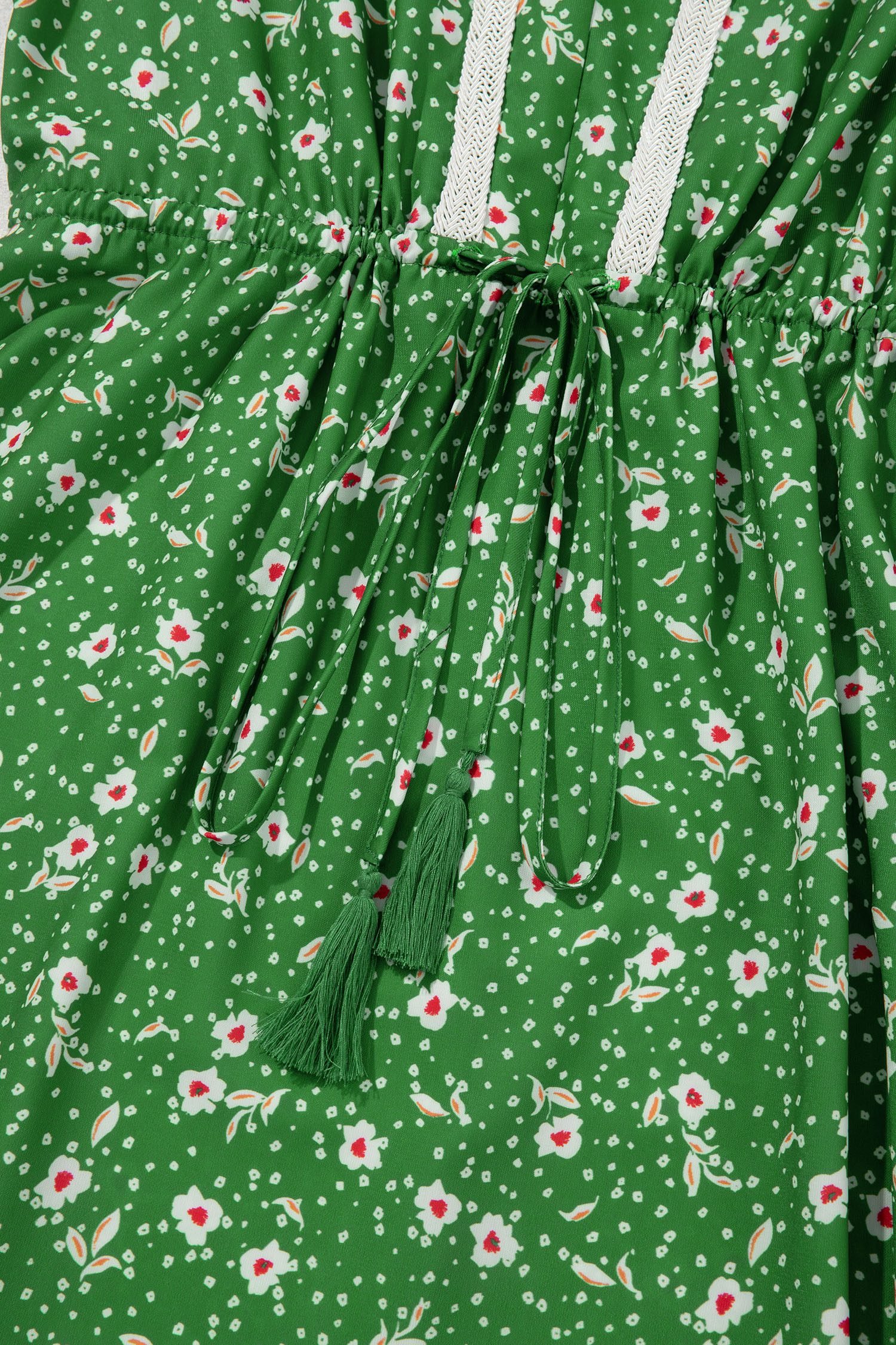 Green Abstract Print Embroidered Trim V Neck Drawstring High Waist Loose Vacation Dress