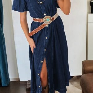 Sail Blue Full Buttons Collared Short Bubble Sleeve Long Denim Dress