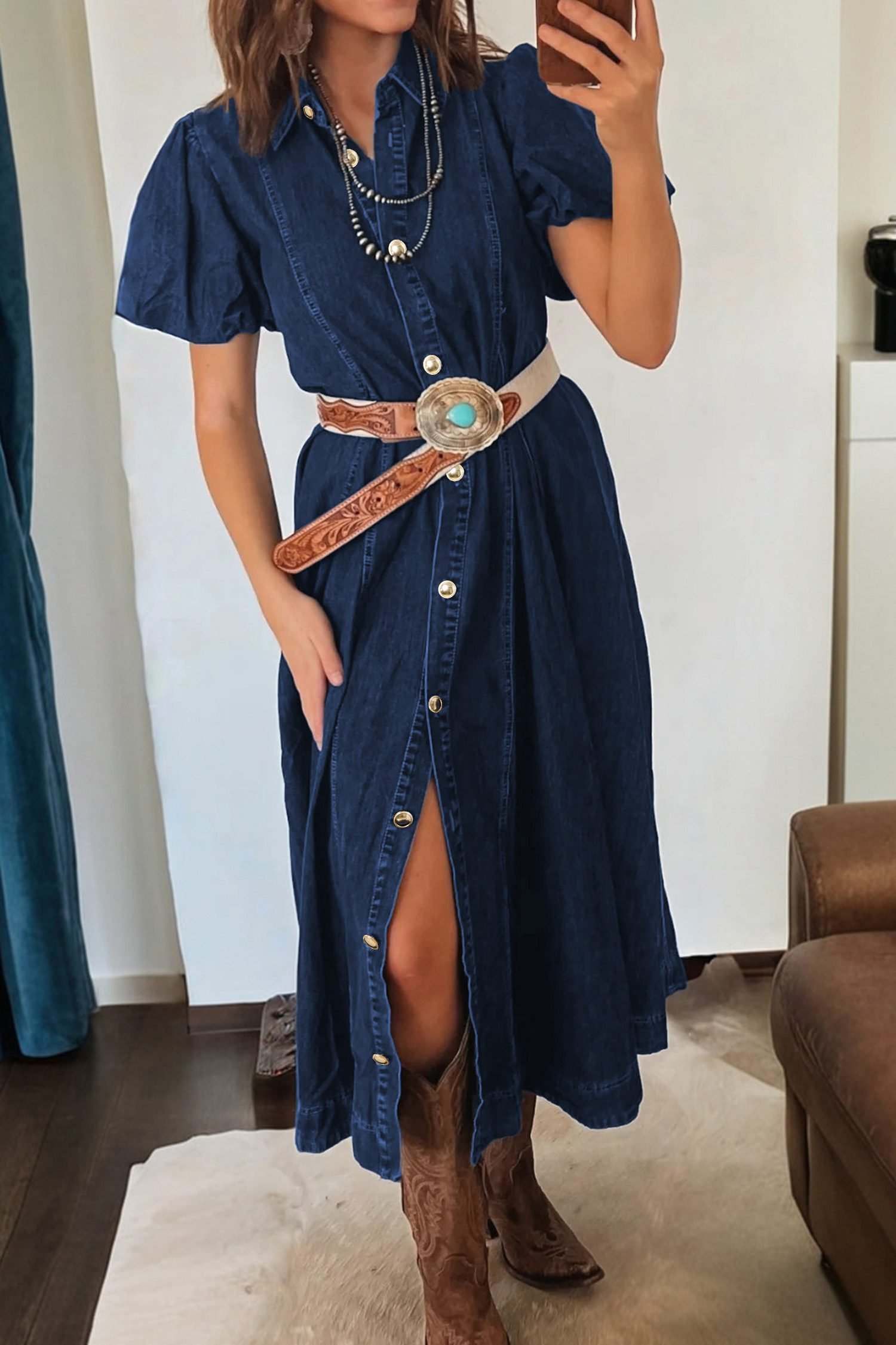 Sail Blue Full Buttons Collared Short Bubble Sleeve Long Denim Dress