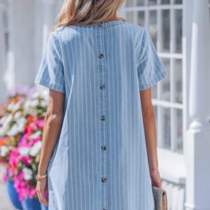 Sky Blue Stripe Buttoned Back T-Shirt Denim Mini Dress