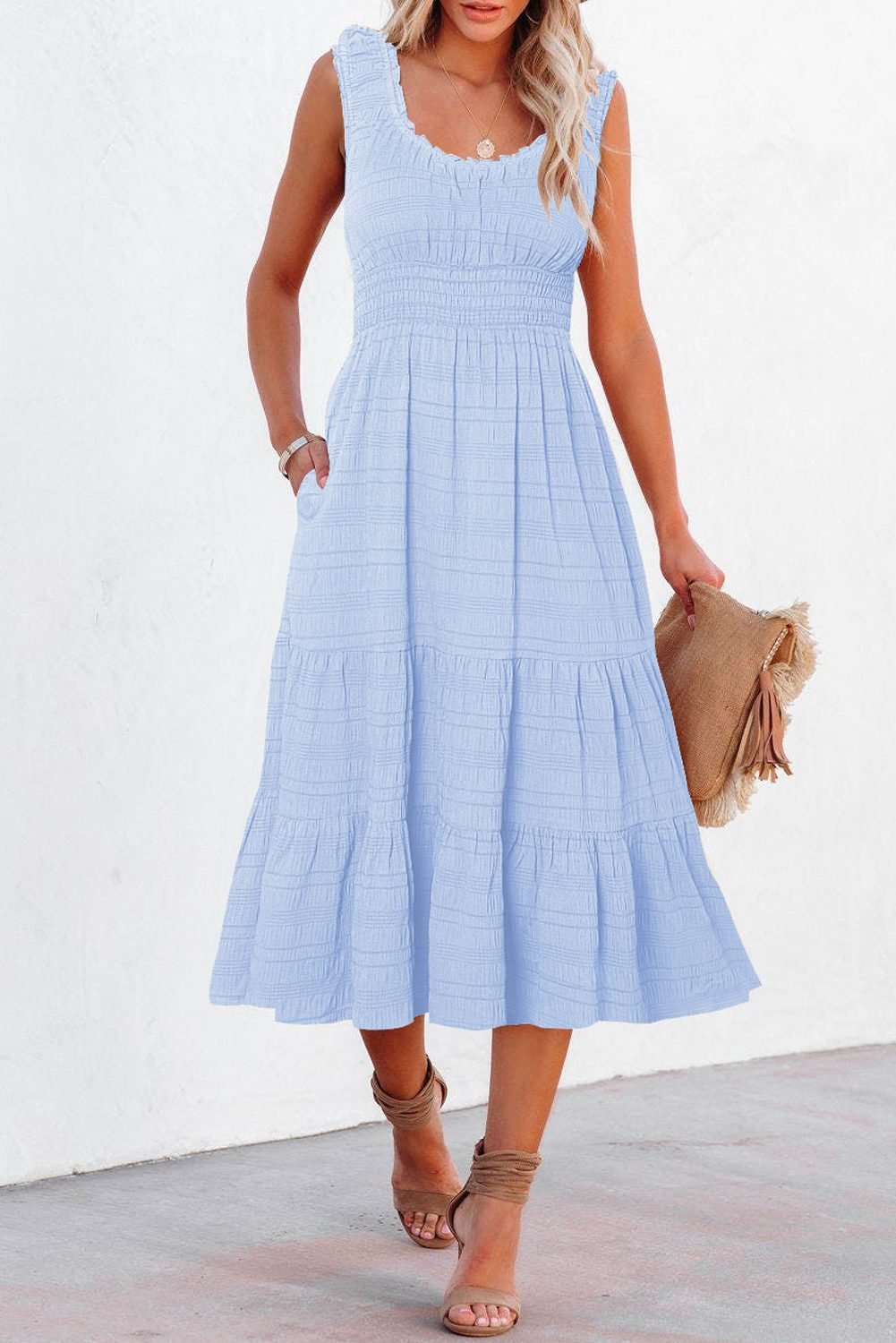 Sky Blue Shirred Pleated Square Neck Sleeveless Midi Dress