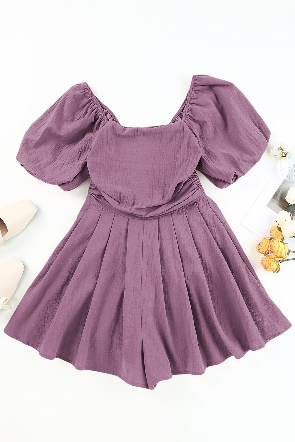 Valerian Square Neck Ruched Puff Sleeve Romper