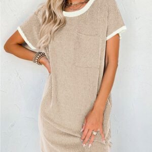 Apricot Twisted Ribbed Color Block Trim T Shirt Shift Dress