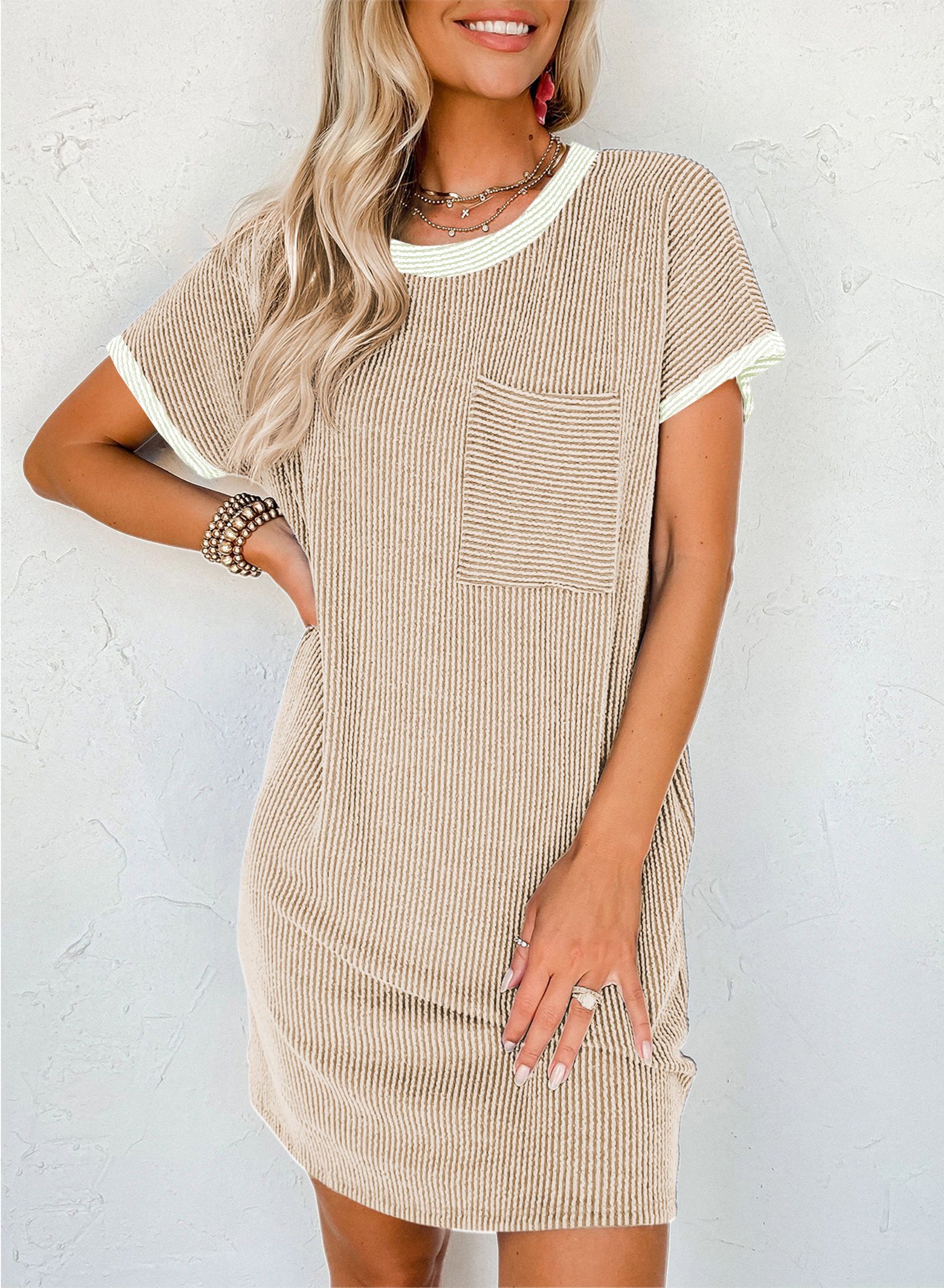 Apricot Twisted Ribbed Color Block Trim T Shirt Shift Dress