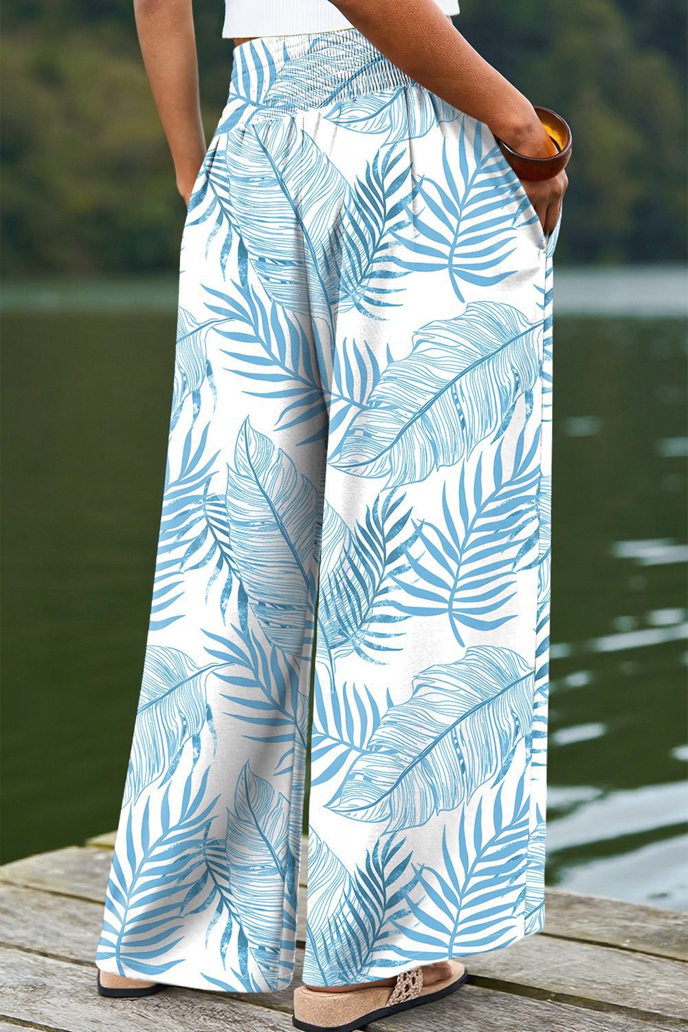 Sky Blue Geometric/ Floral/ Botanic Print Shirred Waistband Wide Leg Pants