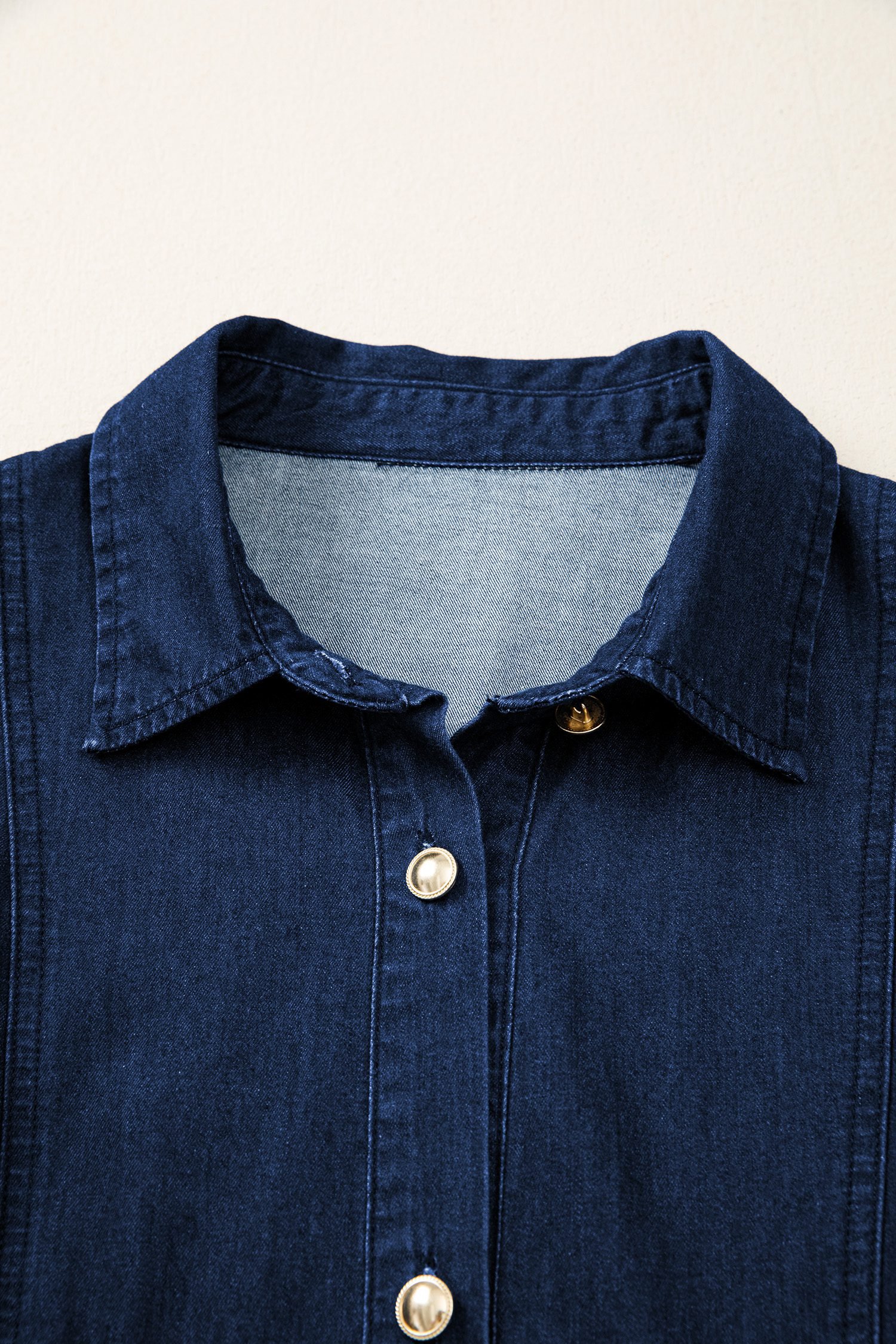 Sail Blue Full Buttons Collared Short Bubble Sleeve Long Denim Dress