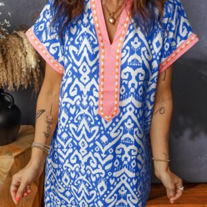 Blue Western Fashion Print Striped Color Block Patchwork Shift Mini Dress