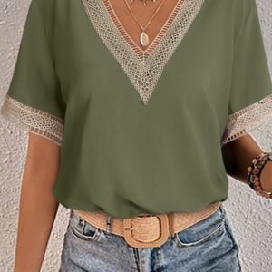 Green Lace Trim V Neck Short Sleeve Blouse