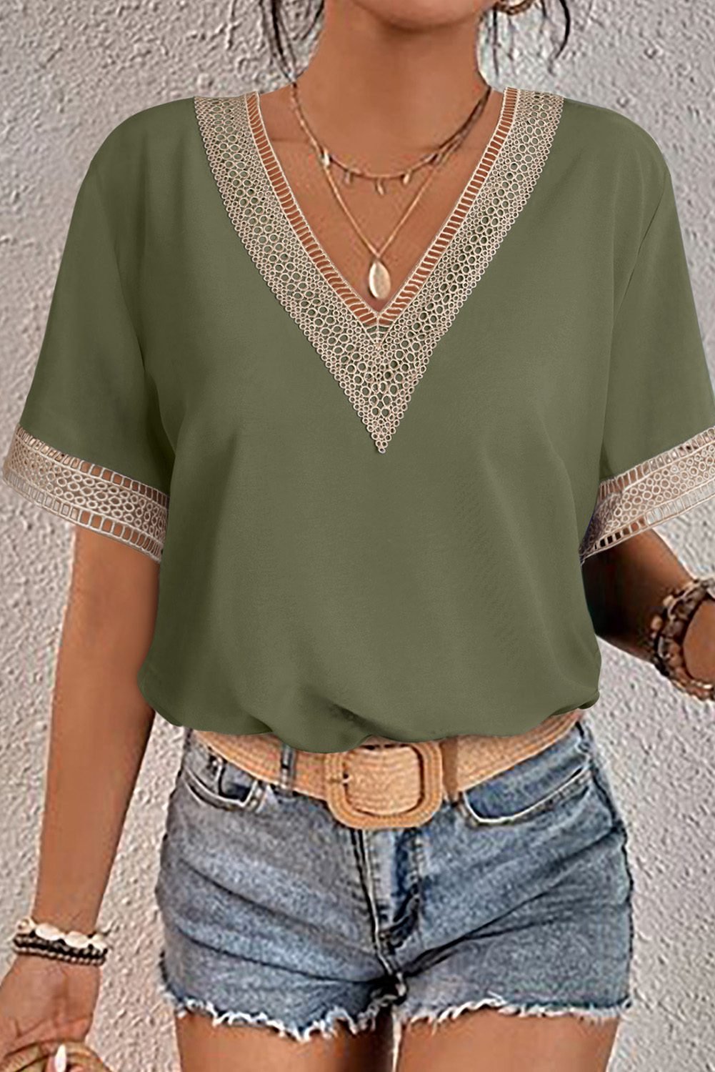 Green Lace Trim V Neck Short Sleeve Blouse