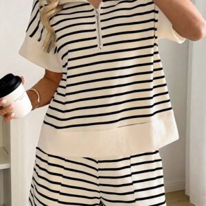 Black Stripe Ribbed Color Block Trim Zip Polo Tee Drawstring Shorts 2pcs Outfit