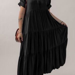 Black Hidden Buttons Short Sleeve Ruffle Tiered Long Flared Dress