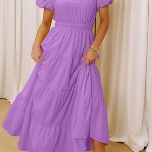 Lavendula Solid Color V Neck Short Puff Sleeve High Waist Tiered Maxi Dress