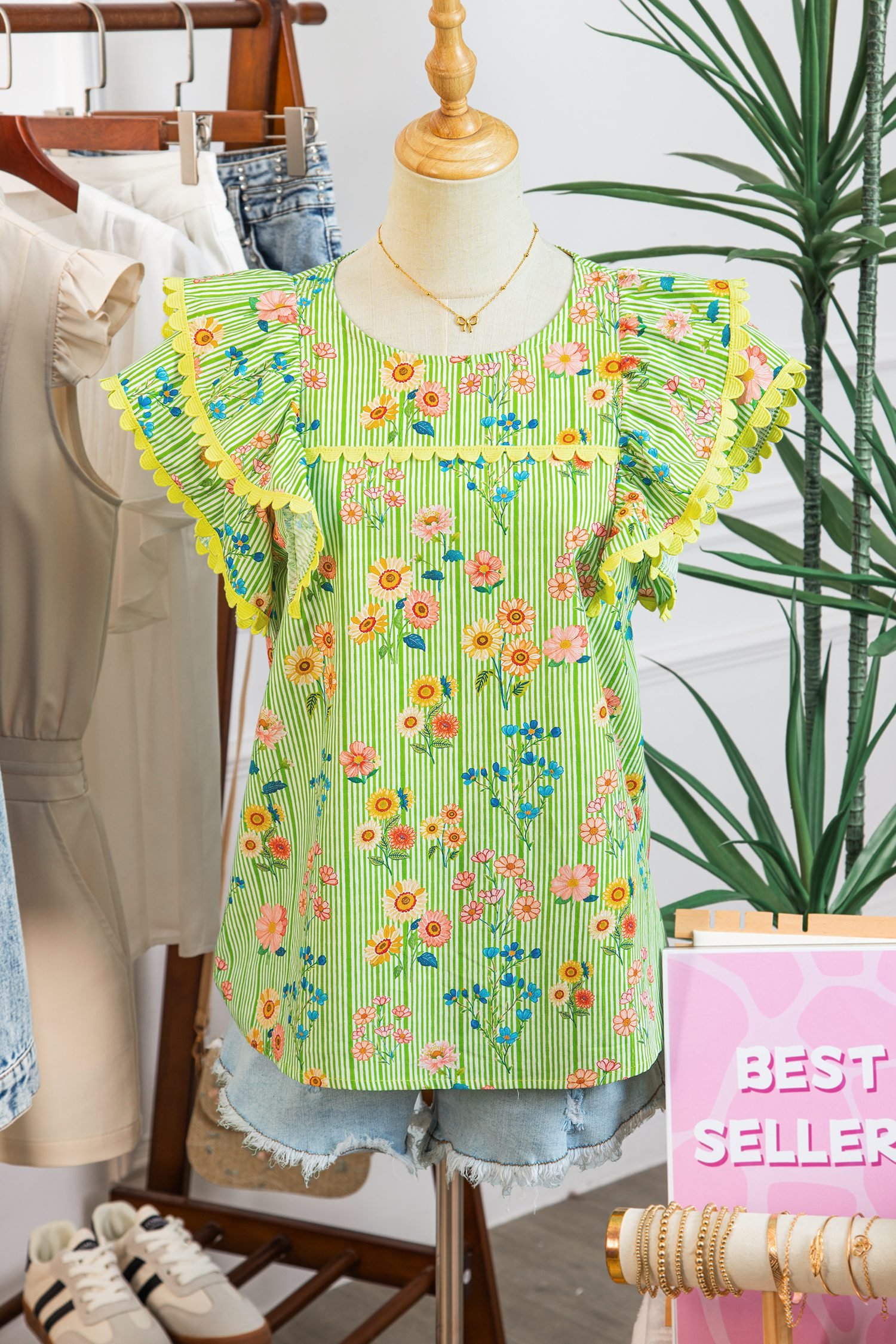 Green Stripe Floral Printed Scalloped Detail Ruffle Short Sleeve Blouse