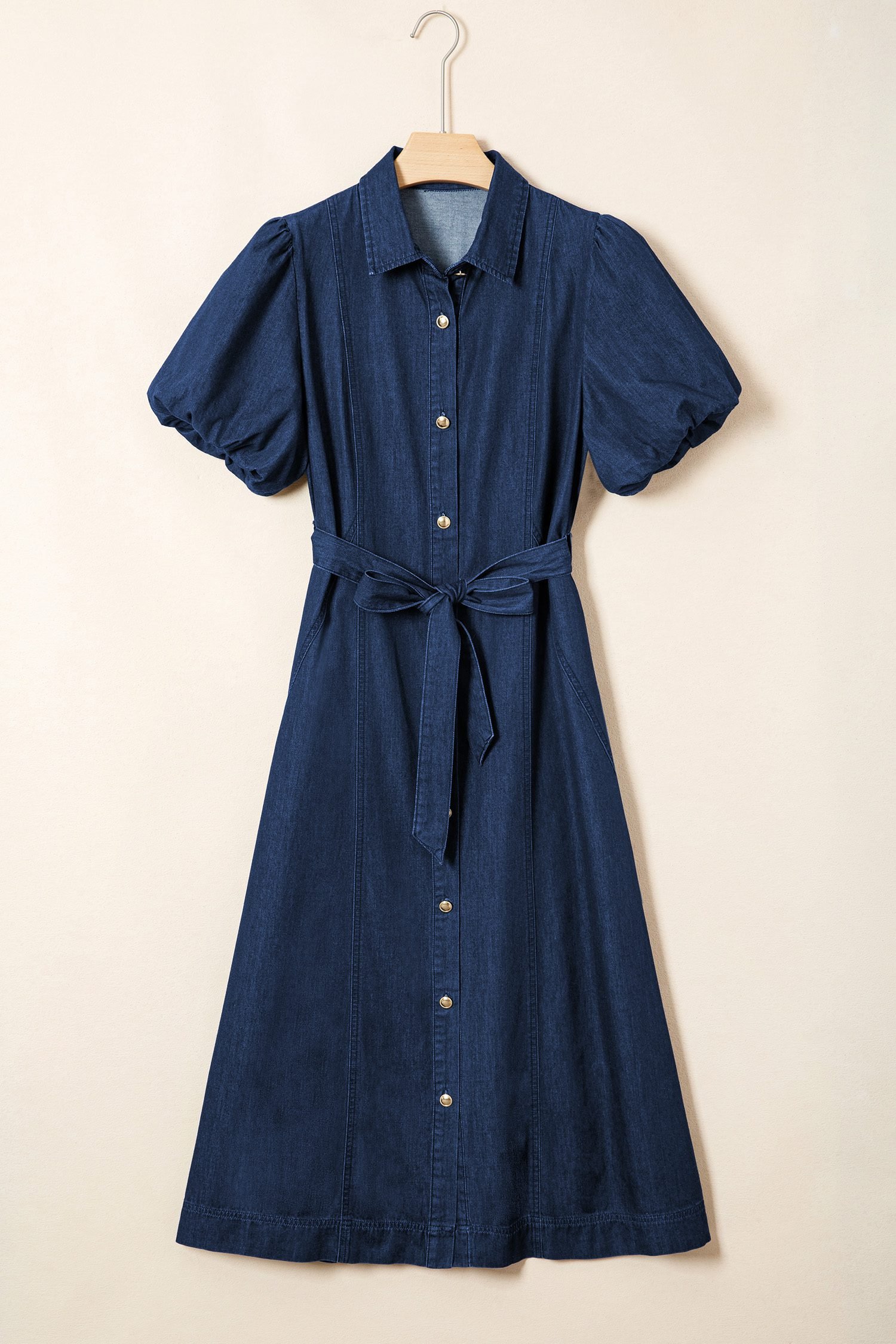 Sail Blue Full Buttons Collared Short Bubble Sleeve Long Denim Dress