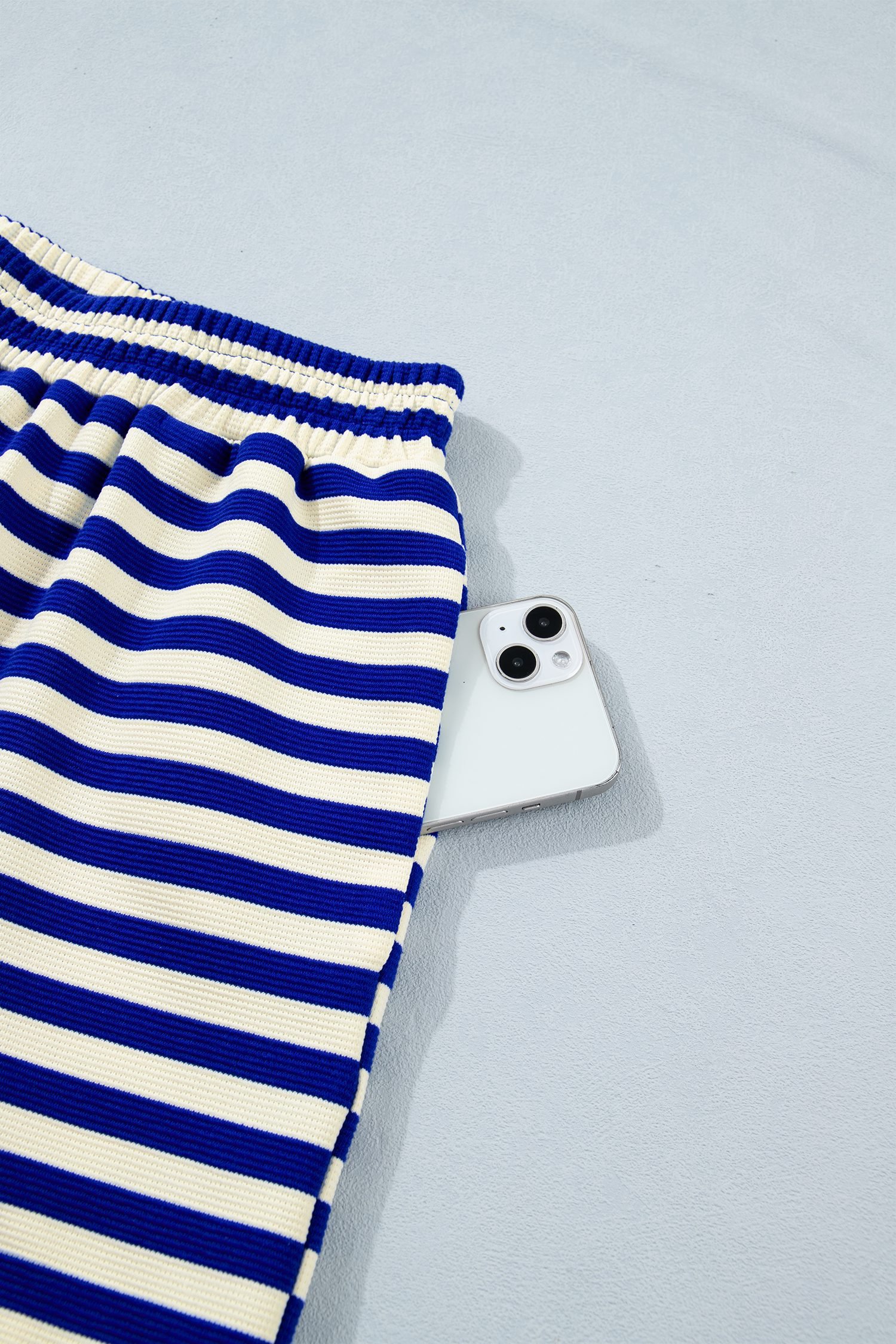 Blue Stripe Contrast Trim Cap Sleeve Top Casual Shorts 2pcs Set