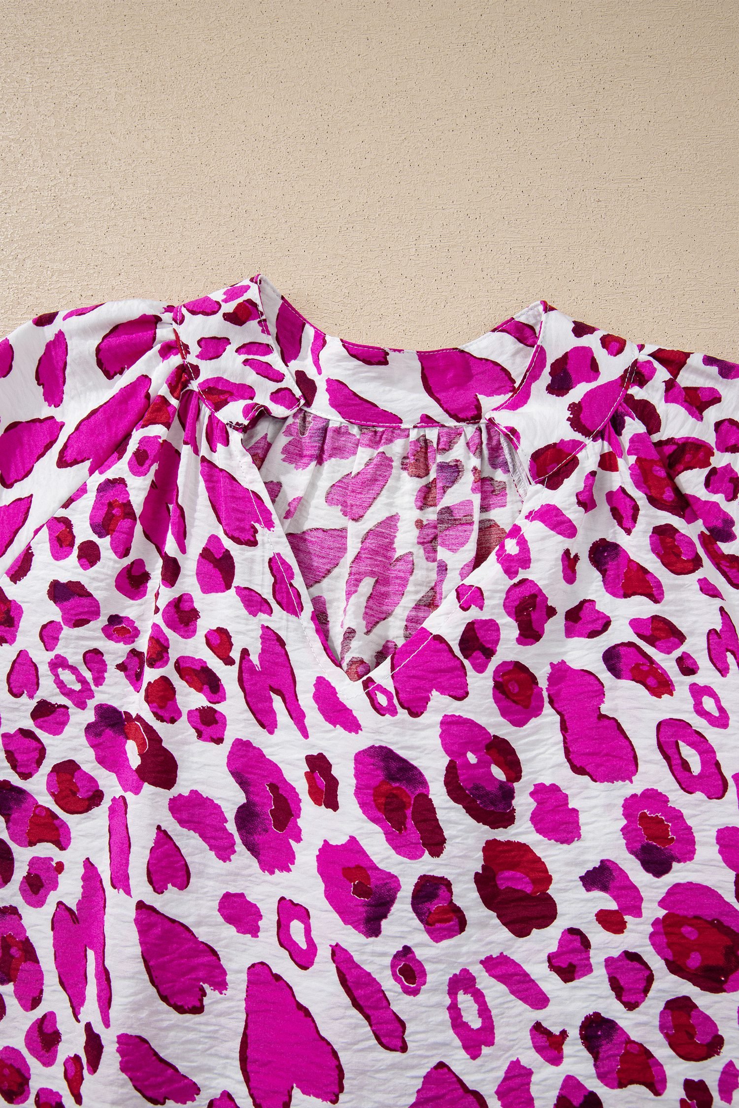 Rose Leopard Print V Neck Puffy Half Sleeve Blouse