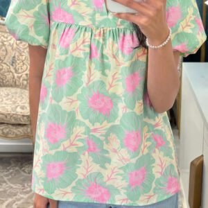 Green Short Bubble Sleeve Summer Floral Blouse