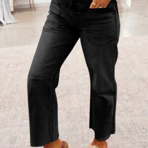 Black Frayed Cropped Straight Jeans