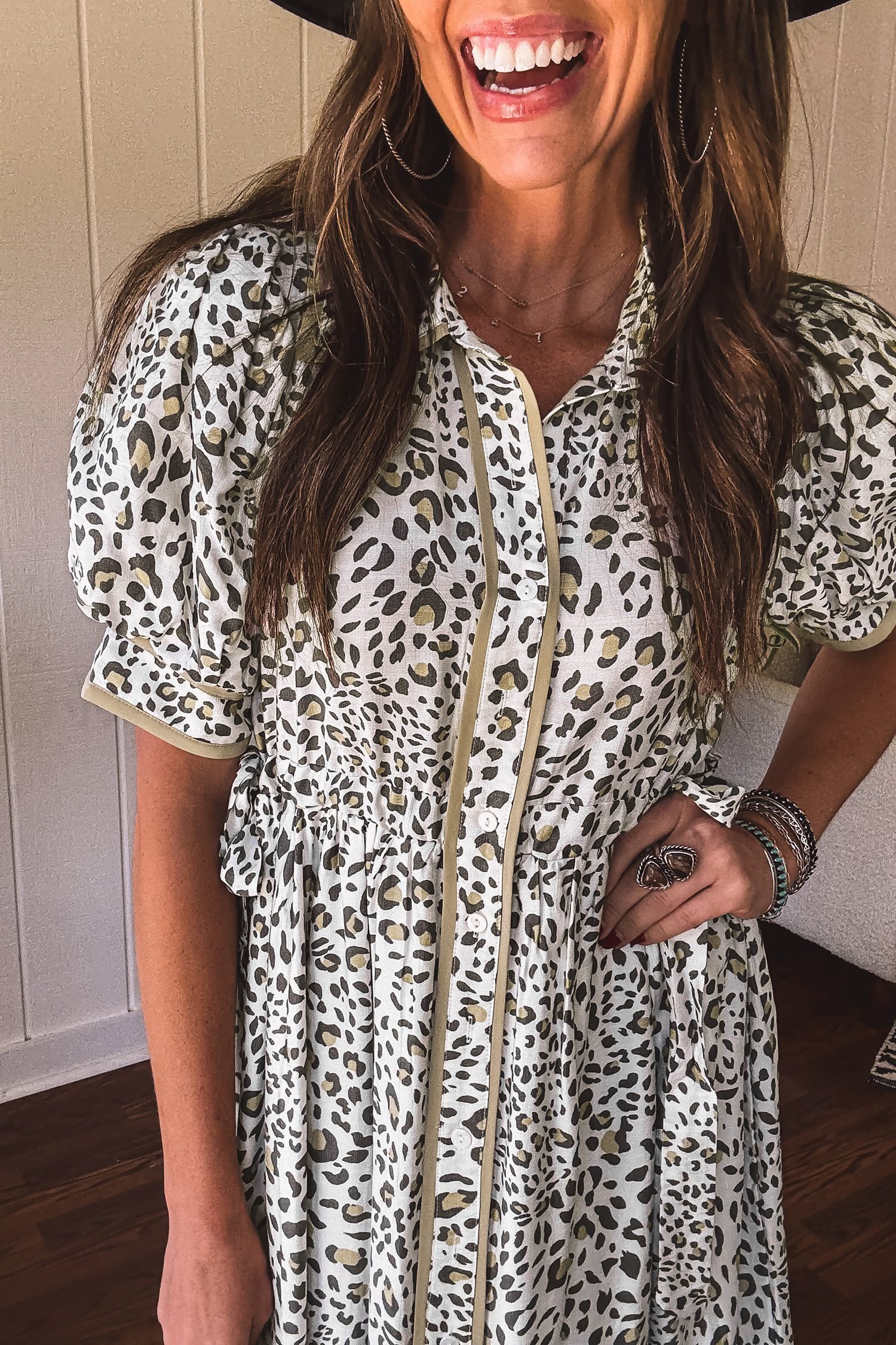 White Leopard Contrast Trim Button Front Short Puff Sleeve Long Dress