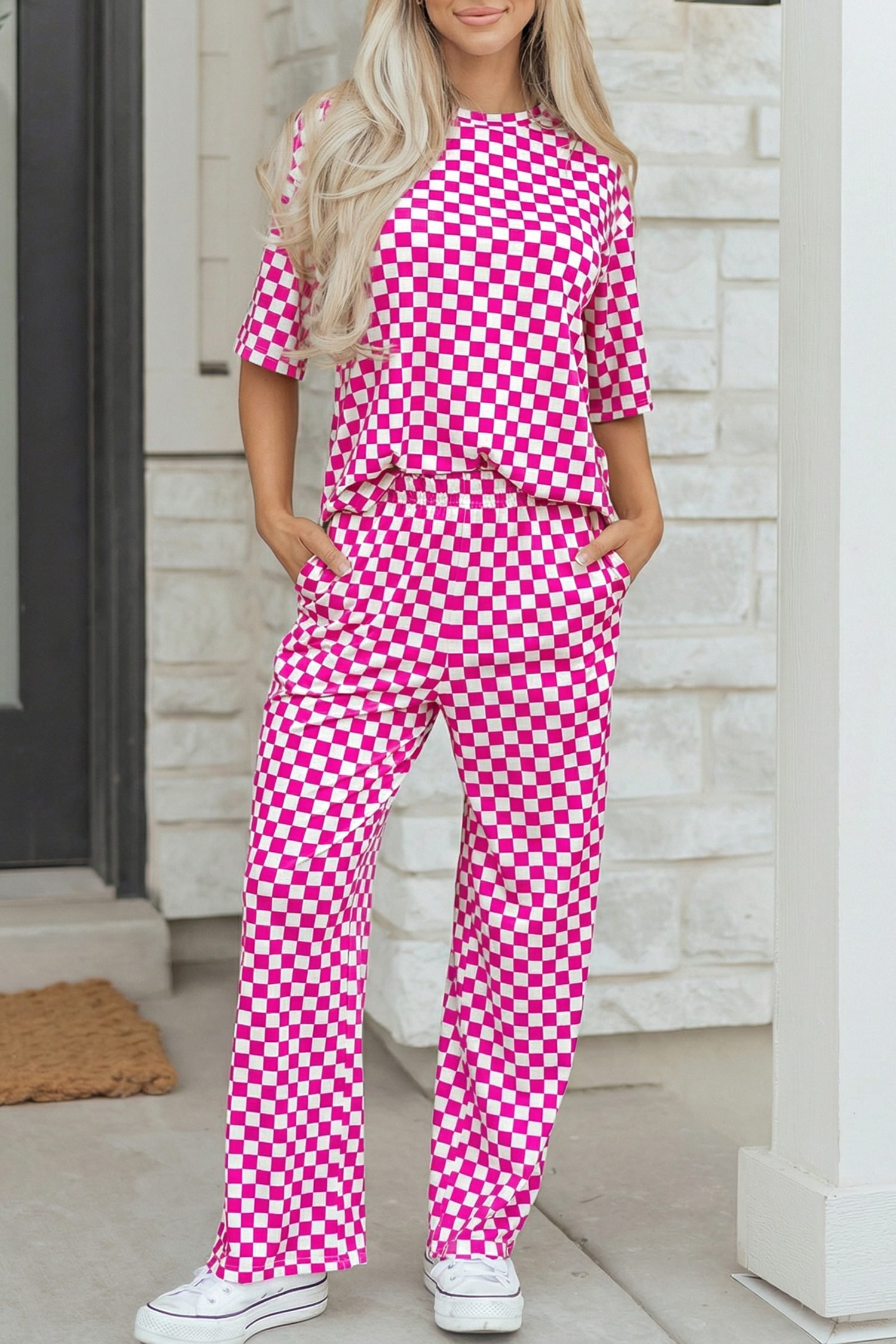 Rose Checkered Print Half Sleeve Tee 2pcs Lounge Pant Set