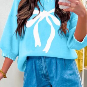 Light Blue Big Ribbon Bow Print Contrast Stitch Trim Drop Shoulder Sweater