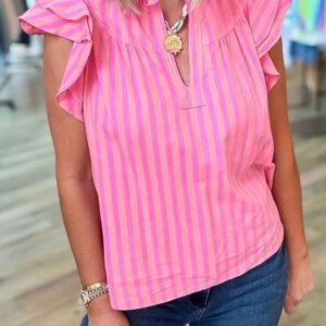 Pink Stripe Split Neck Ruffled Summer Blouse