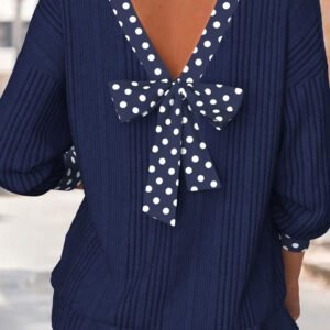 Dirty blue Polka Dot Trimmed V Neck Bow Tie Textured Ribbed Top