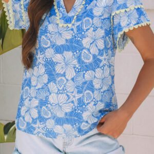 Sky Blue Oceanic Floral Print Scalloped Trim V Neck Short Sleeve Blouse