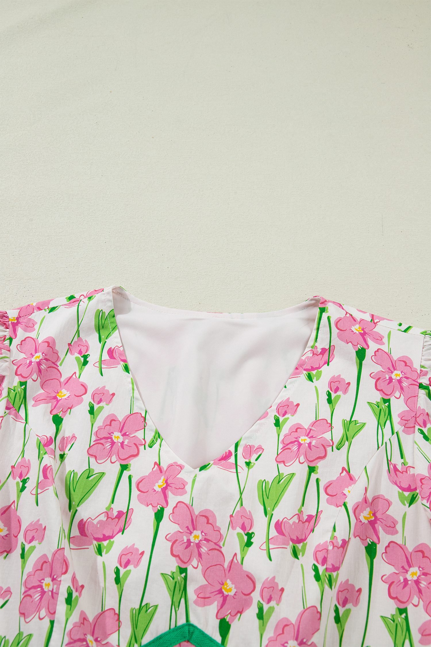 Pink Floral Print Contrast Trim V Neck Short Sleeve Elegant Midi Dress