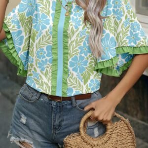 Sky Blue Floral Print Ruffled Color Block Trim Half Sleeve Blouse
