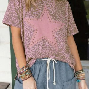 Pink Leopard Retro Studded Star Patch Loose Tee