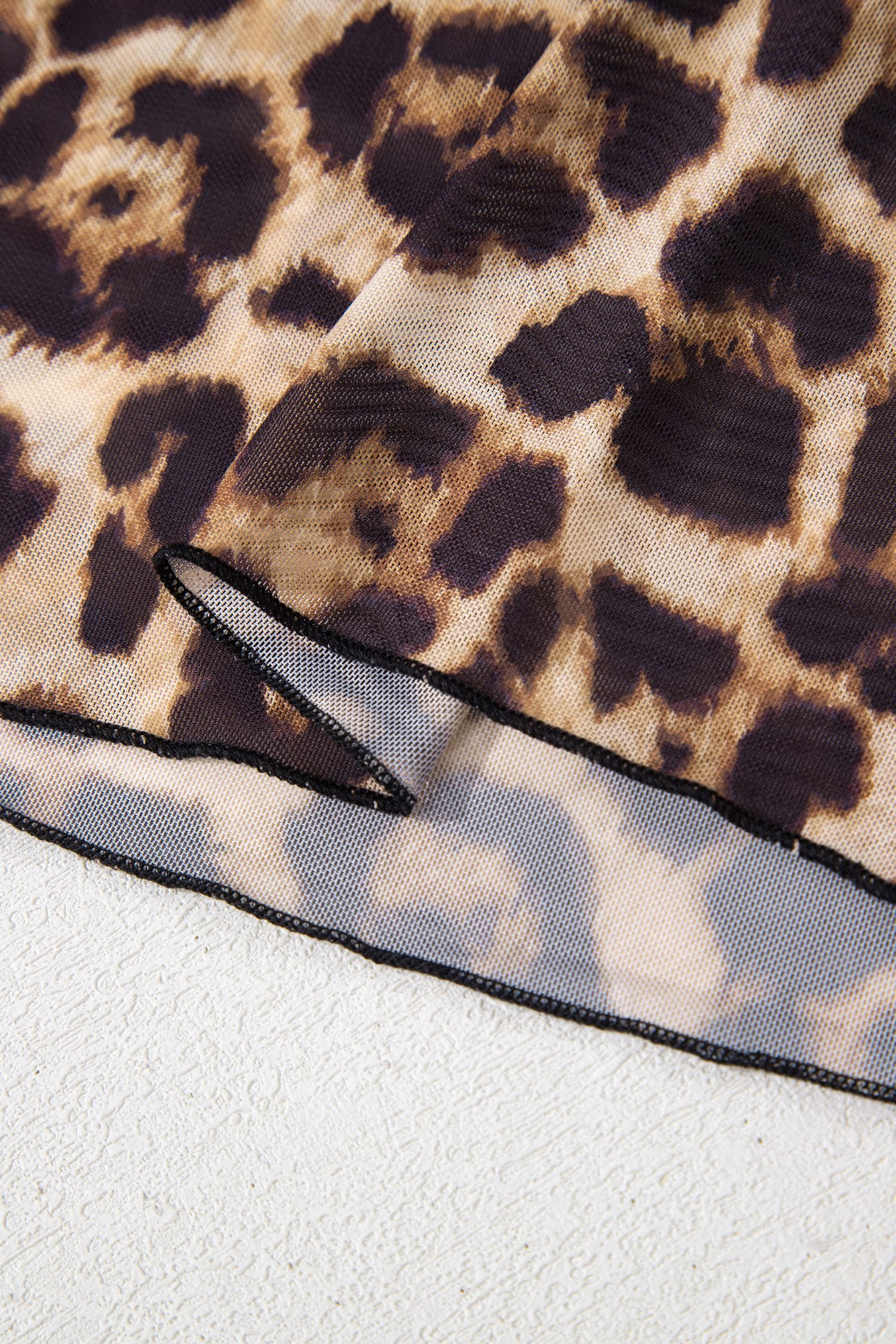 Camel Leopard Print Slim Fit Mesh Long Sleeve Mock Neck Top