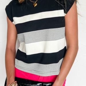 Black Stripe Mixed Print Crew Neck Cap Sleeve T Shirt