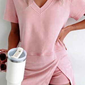 Light Pink Mineral Wash V Neck Tee Matching Skort Set