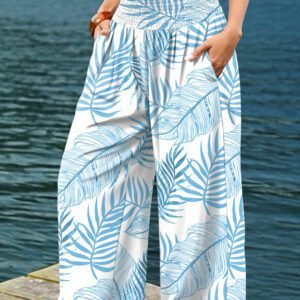 Sky Blue Geometric/ Floral/ Botanic Print Shirred Waistband Wide Leg Pants