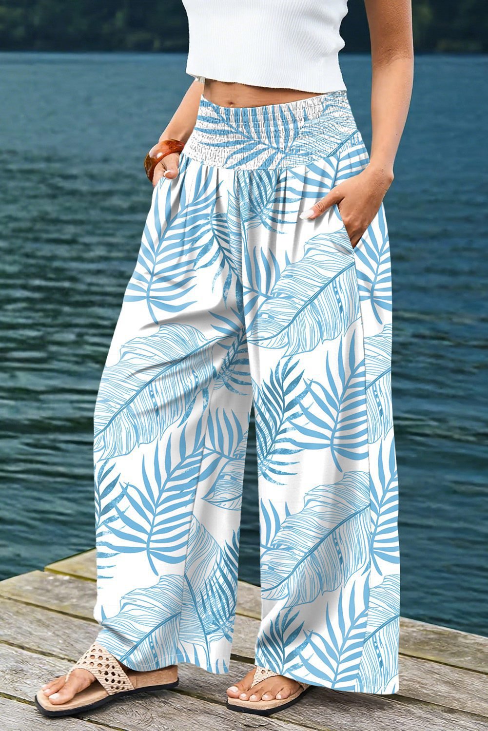 Sky Blue Geometric/ Floral/ Botanic Print Shirred Waistband Wide Leg Pants