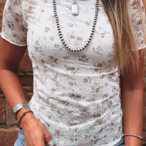 White Mock Neck Short Sleeve Floral Mesh Top
