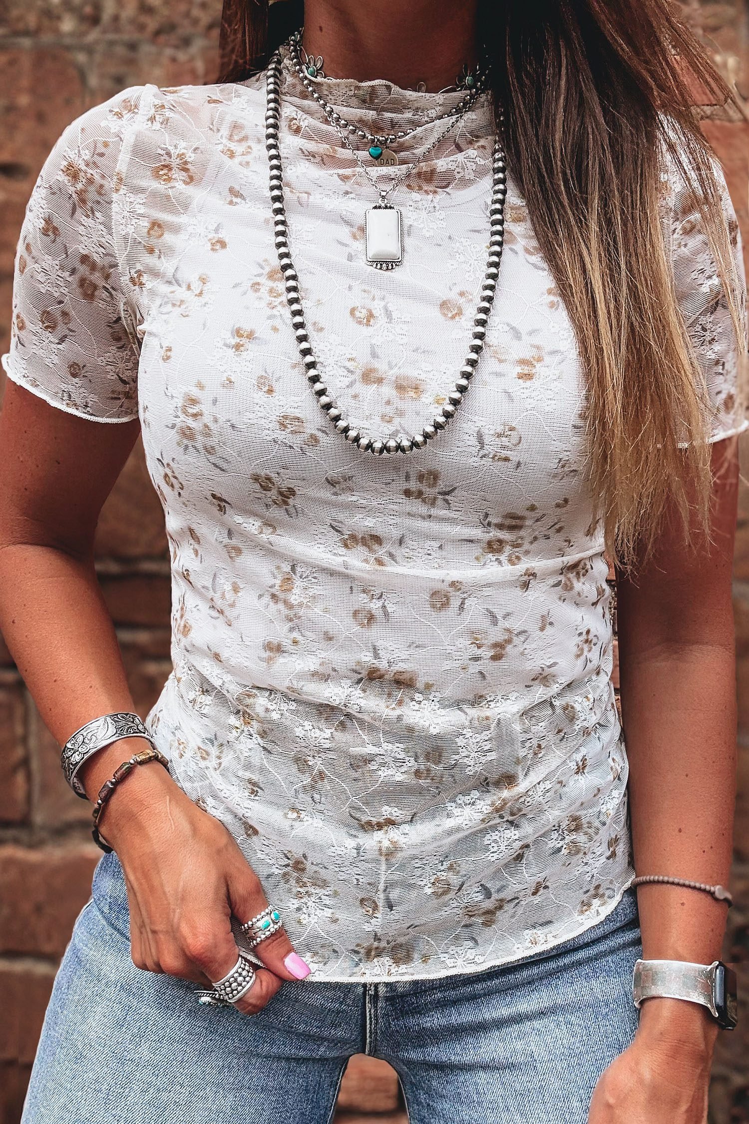 White Mock Neck Short Sleeve Floral Mesh Top