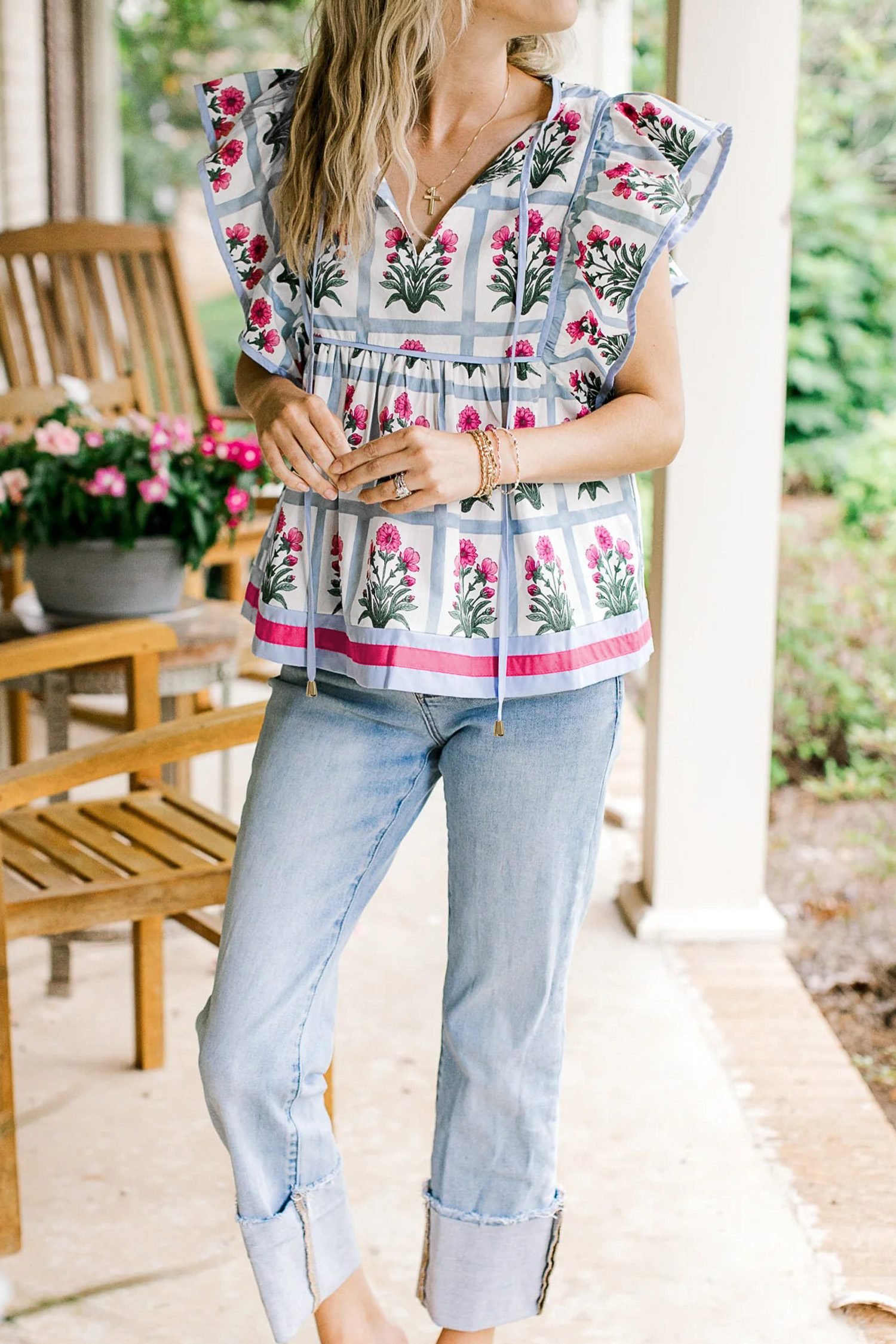 Pink Floral Flutter Sleeve Split V Neck Top