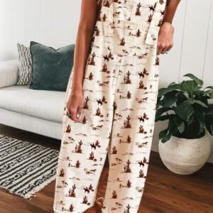Beige Western Printed Button Adjustable Straps Loose Jumpsuit Dungarees