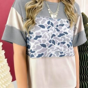 Gray Raw Seam Color Block Camouflage Patchwork Casual Tee